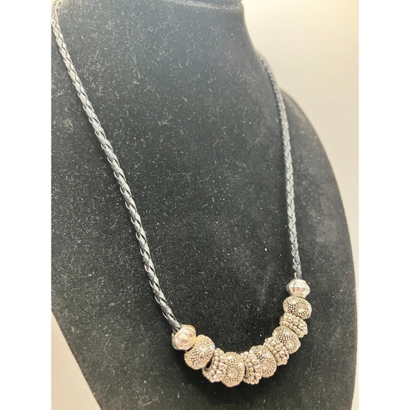 Rhinestone Encrusted Silver-Tone Beads on Braided Black Leather 21" Necklace! - Picture 3 of 6